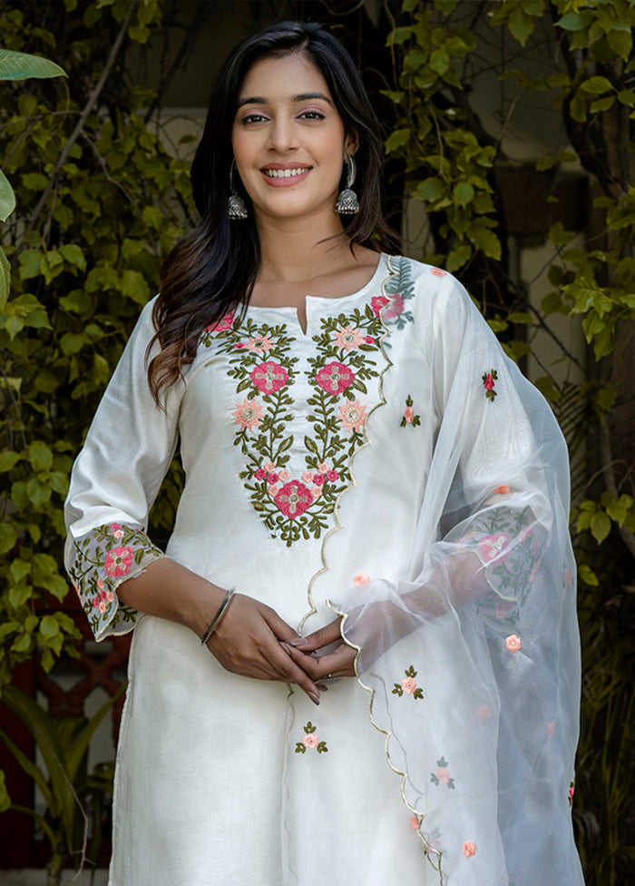 3 Pc White Readymade Silk Dupatta Suit Set