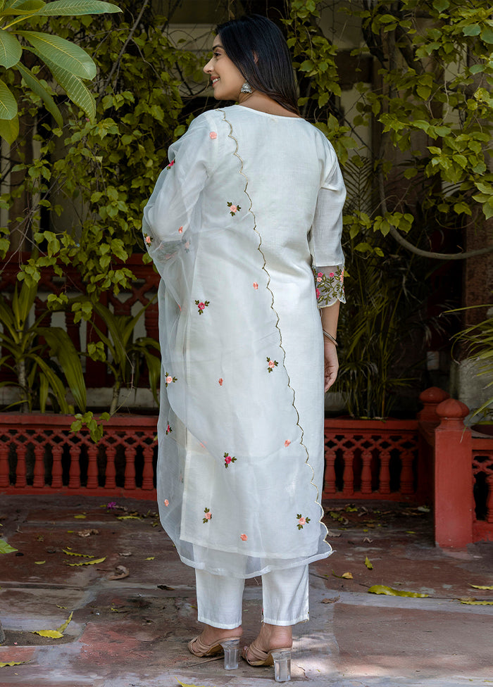 3 Pc White Readymade Silk Dupatta Suit Set