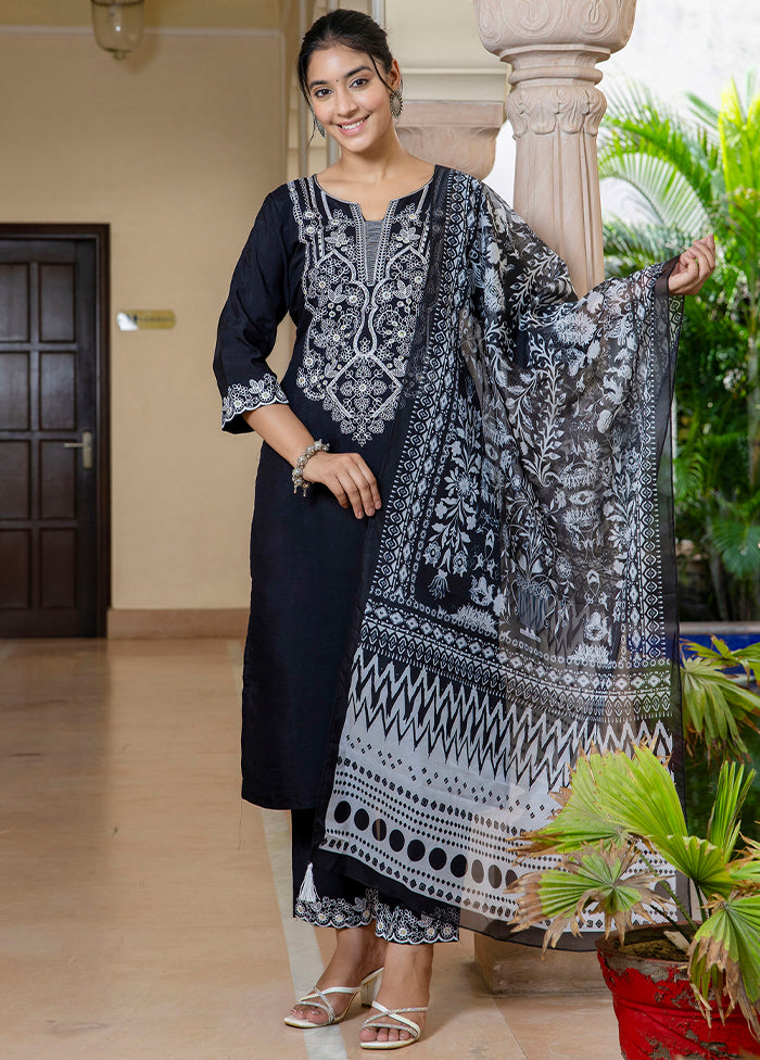 3 Pc Black Readymade Silk Dupatta Suit Set