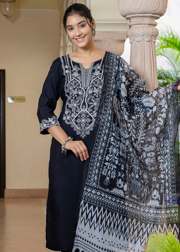 3 Pc Black Readymade Silk Dupatta Suit Set