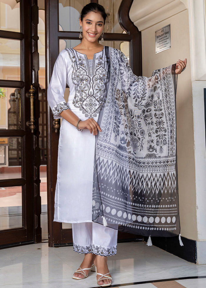 3 Pc White Readymade Silk Dupatta Suit Set