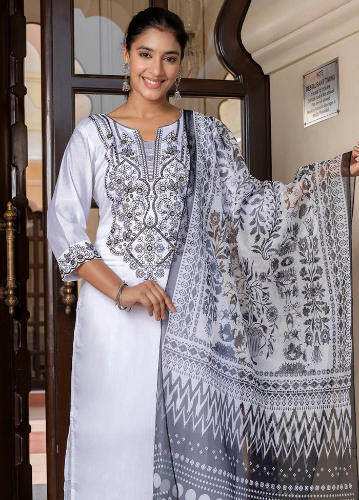 3 Pc White Readymade Silk Dupatta Suit Set