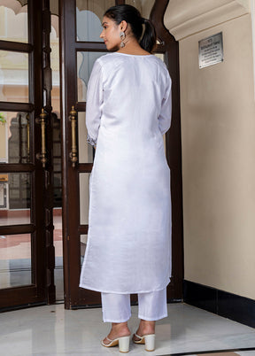 3 Pc White Readymade Silk Dupatta Suit Set