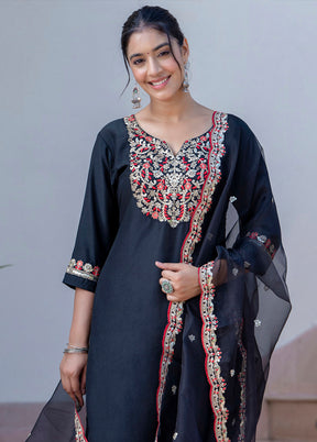 3 Pc Black Readymade Silk Dupatta Suit Set