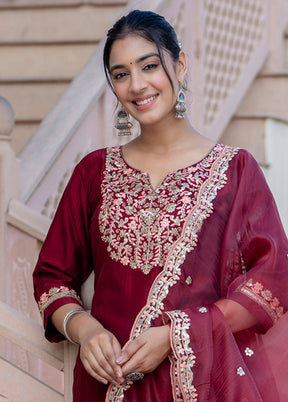 3 Pc Maroon Readymade Silk Dupatta Suit Set