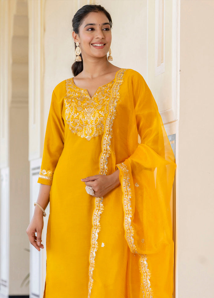 3 Pc Yellow Readymade Silk Dupatta Suit Set