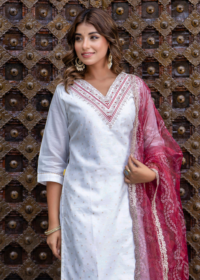 3 Pc White Readymade Chanderi Dupatta Suit Set