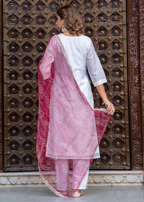3 Pc White Readymade Chanderi Dupatta Suit Set