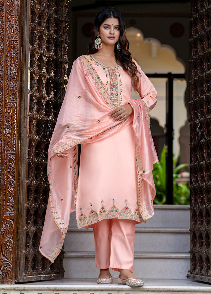 3 Pc Peach Readymade Silk Dupatta Suit Set