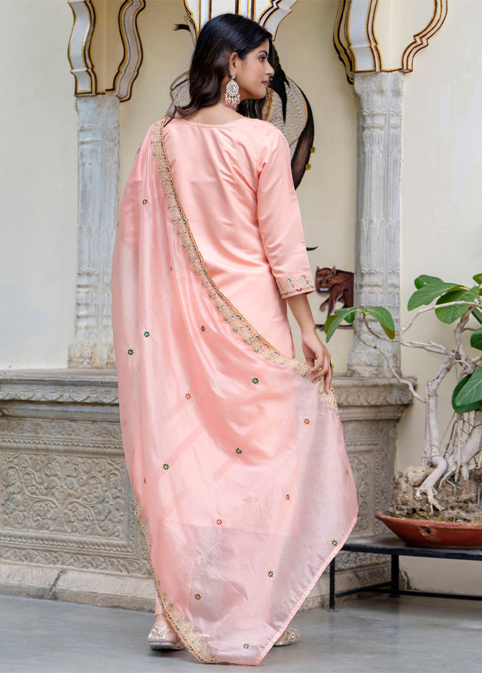 3 Pc Peach Readymade Silk Dupatta Suit Set