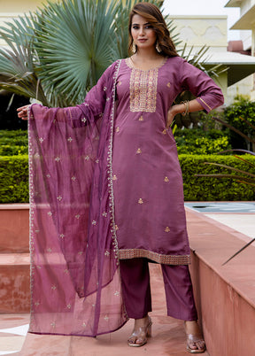 3 Pc Lavender Readymade Silk Dupatta Suit Set