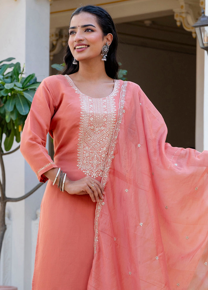 3 Pc Peach Readymade Silk Dupatta Suit Set