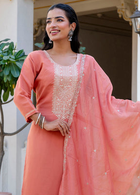 3 Pc Peach Readymade Silk Dupatta Suit Set