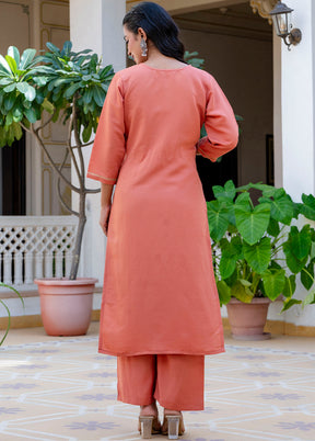 3 Pc Peach Readymade Silk Dupatta Suit Set