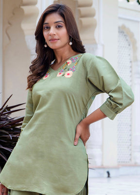 2 Pc Pista Green Readymade Silk Kurti Set