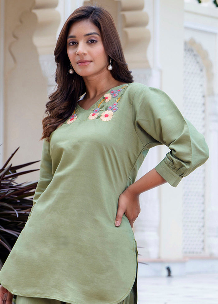 2 Pc Pista Green Readymade Silk Kurti Set