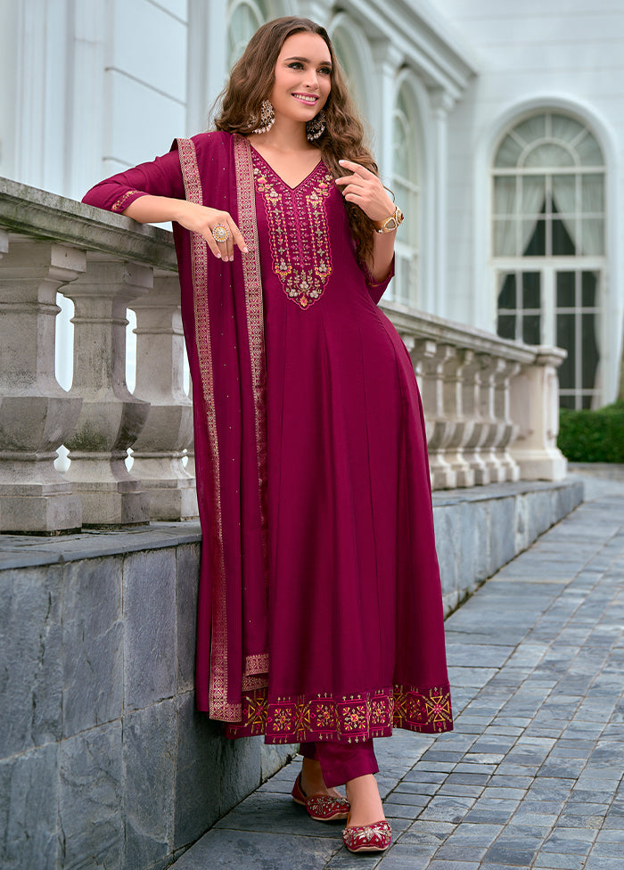 3 Pc Red Readymade Silk Dupatta Suit Set