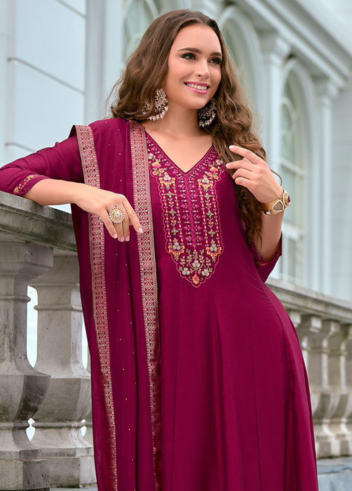 3 Pc Red Readymade Silk Dupatta Suit Set