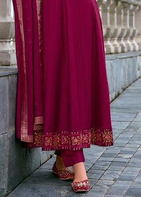 3 Pc Red Readymade Silk Dupatta Suit Set