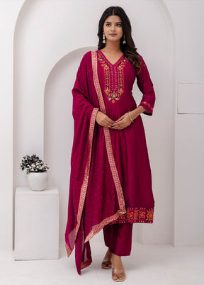 3 Pc Red Readymade Silk Dupatta Suit Set