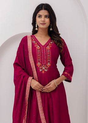 3 Pc Red Readymade Silk Dupatta Suit Set