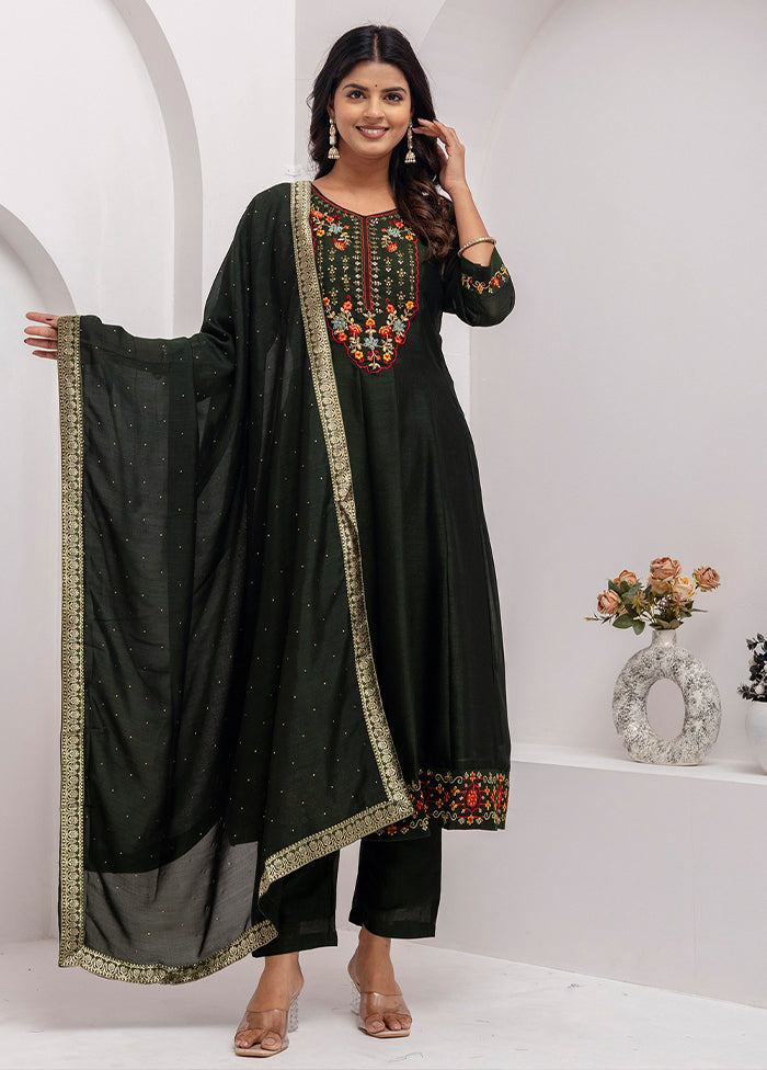 3 Pc Green Readymade Silk Dupatta Suit Set