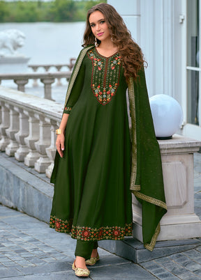 3 Pc Green Readymade Silk Dupatta Suit Set