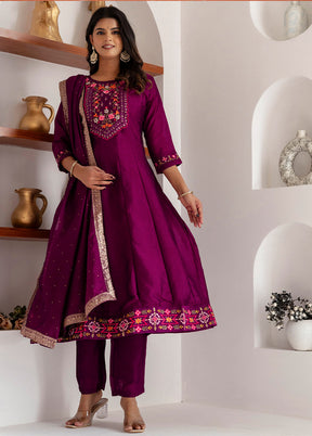 3 Pc Purple Readymade Silk Dupatta Suit Set