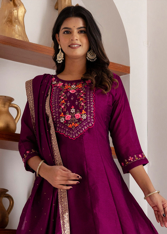 3 Pc Purple Readymade Silk Dupatta Suit Set