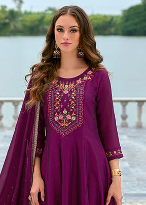 3 Pc Purple Readymade Silk Dupatta Suit Set