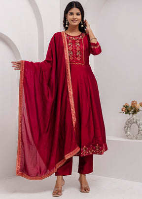 3 Pc Red Readymade Silk Dupatta Suit Set
