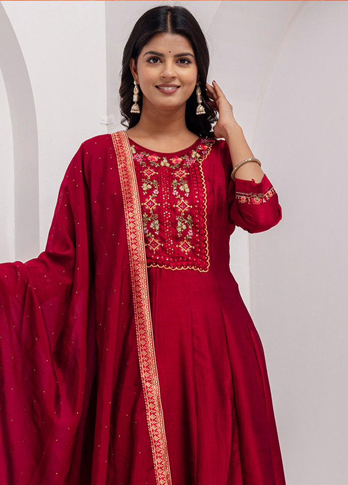 3 Pc Red Readymade Silk Dupatta Suit Set