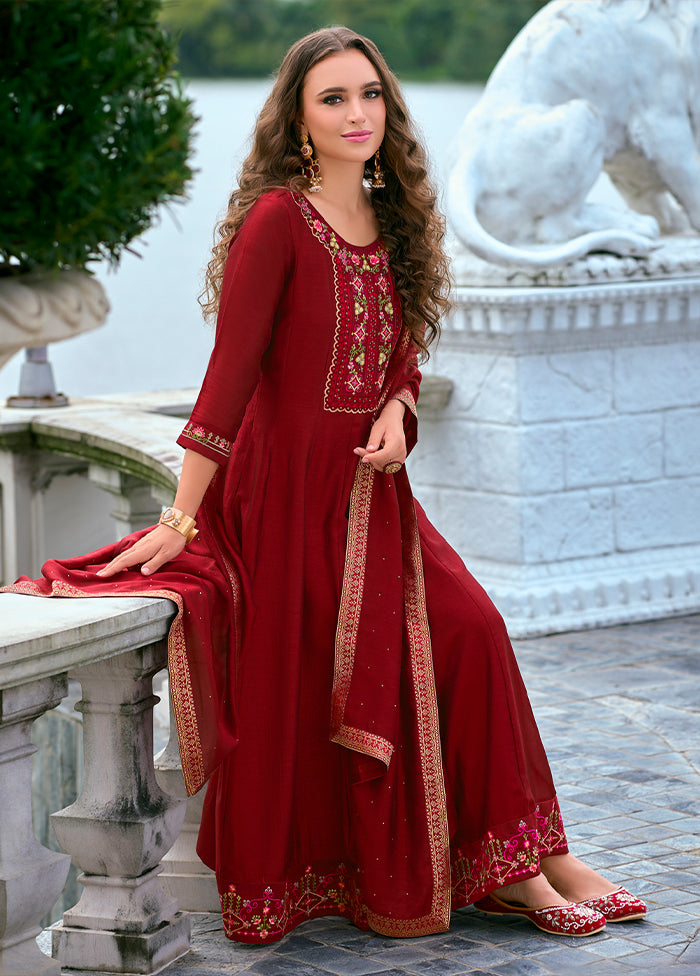 3 Pc Red Readymade Silk Dupatta Suit Set