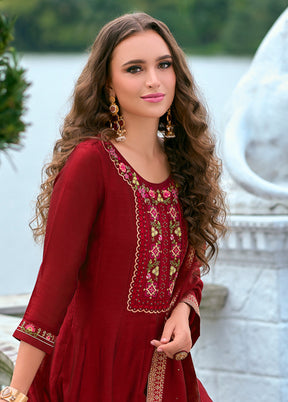 3 Pc Red Readymade Silk Dupatta Suit Set