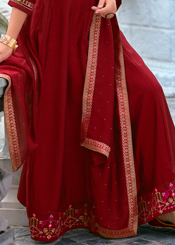 3 Pc Red Readymade Silk Dupatta Suit Set