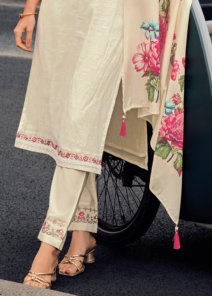 3 Pc White Readymade Viscose Dupatta Suit Set