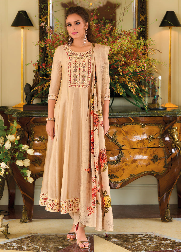 3 Pc Cream Readymade Silk Dupatta Suit Set