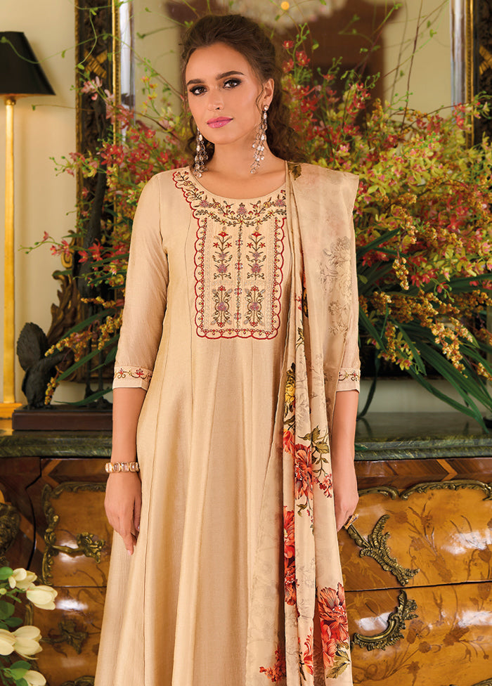 3 Pc Cream Readymade Silk Dupatta Suit Set