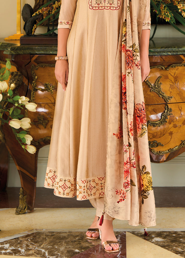 3 Pc Cream Readymade Silk Dupatta Suit Set