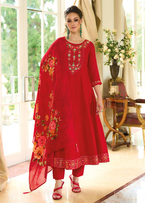 3 Pc Red Readymade Silk Dupatta Suit Set