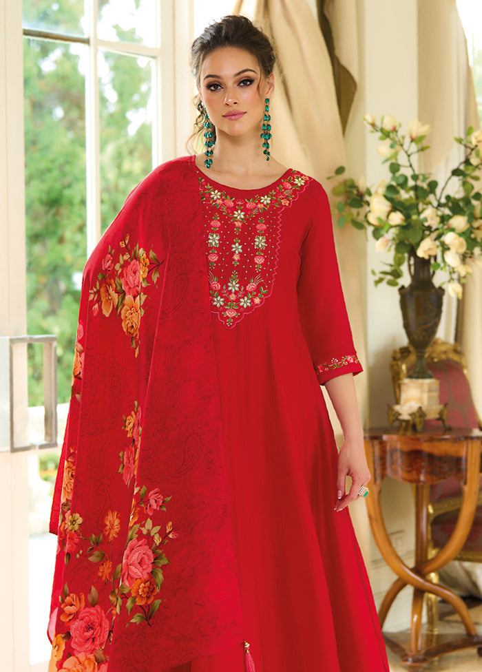 3 Pc Red Readymade Silk Dupatta Suit Set