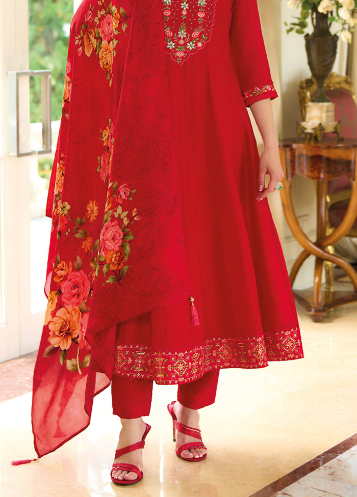 3 Pc Red Readymade Silk Dupatta Suit Set