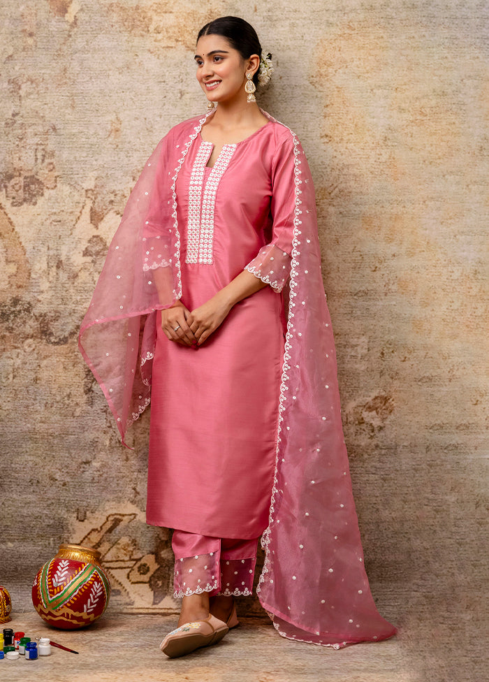 3 Pc Pink Readymade Silk Dupatta Suit Set