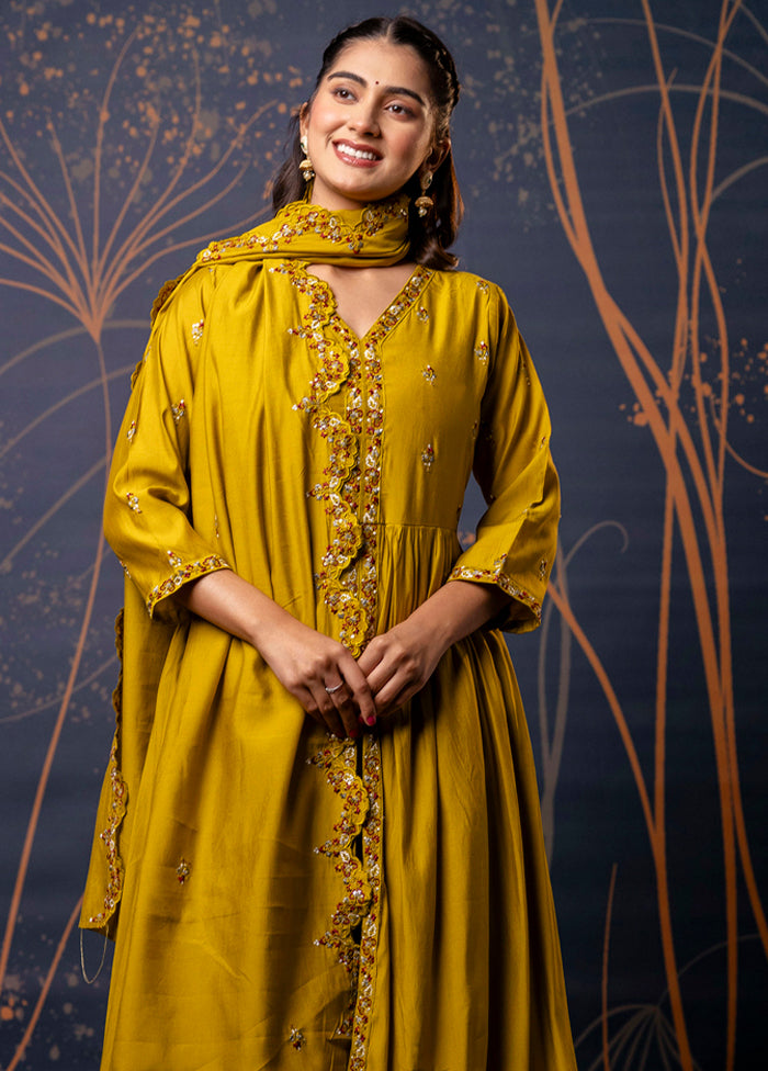 3 Pc Mustard Readymade Silk Dupatta Suit Set