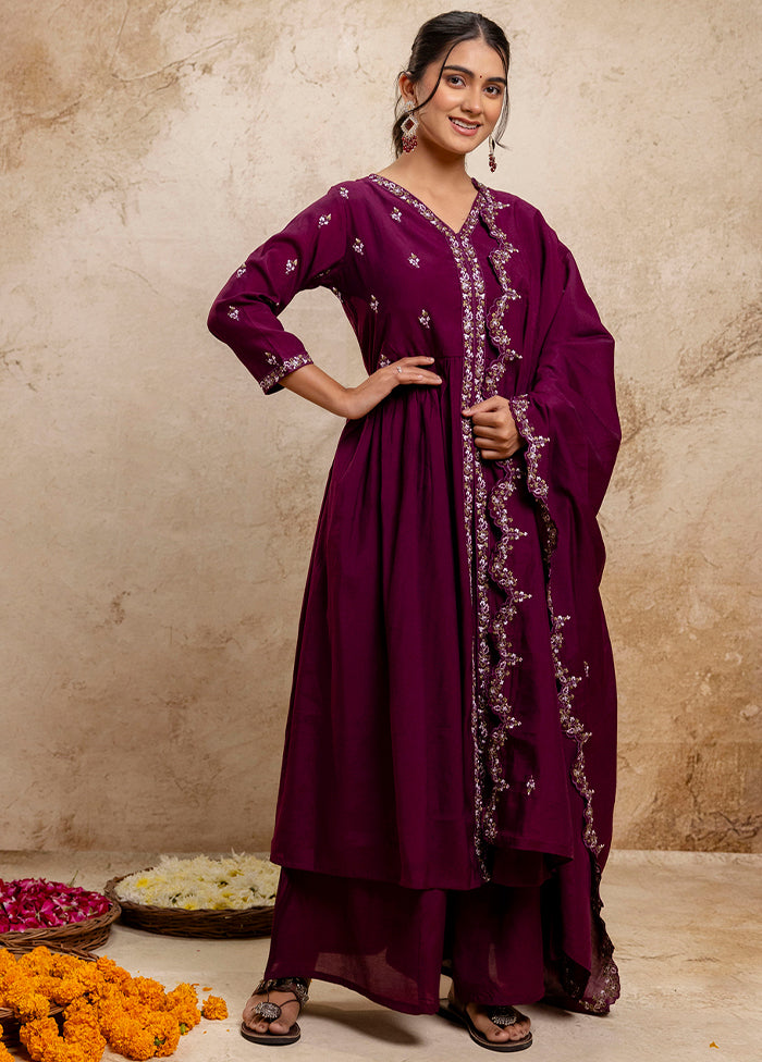 3 Pc Purple Readymade Silk Dupatta Suit Set