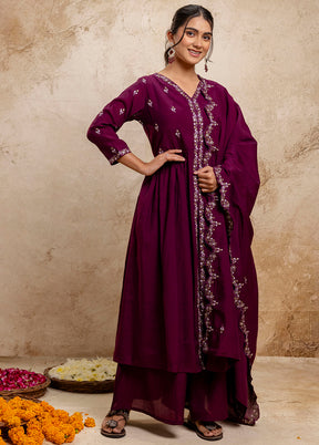 3 Pc Purple Readymade Silk Dupatta Suit Set