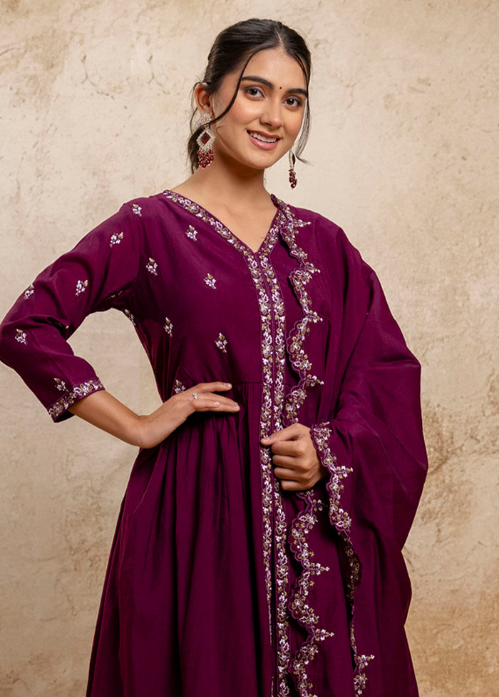 3 Pc Purple Readymade Silk Dupatta Suit Set