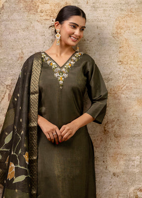 3 Pc Green Readymade Silk Dupatta Suit Set