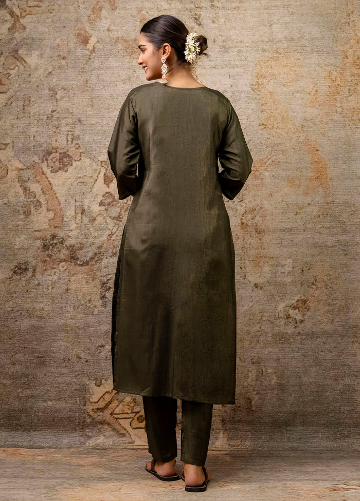 3 Pc Green Readymade Silk Dupatta Suit Set