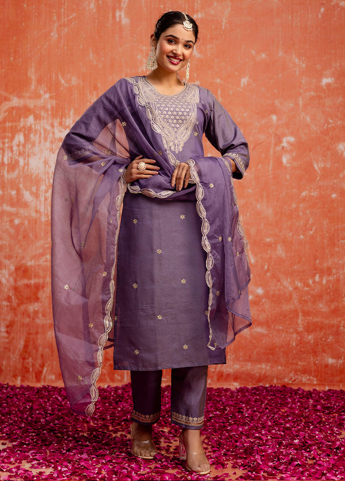 3 Pc Lavender Readymade Silk Dupatta Suit Set